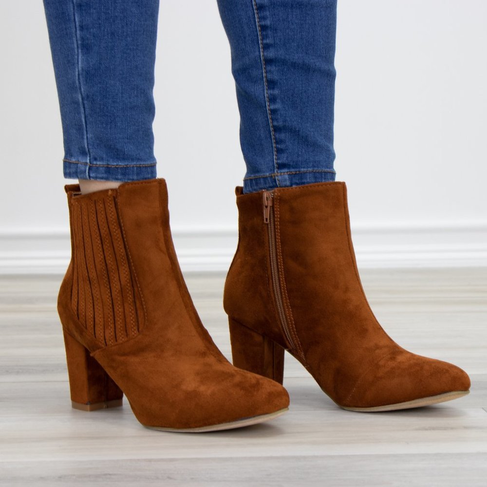 Vegan Suede Tan Bock Heel Ankle Bootie - Picture 7 of 8